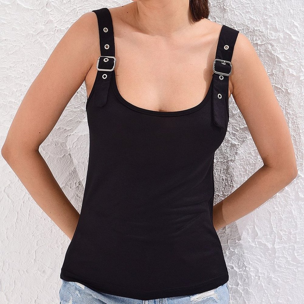 Black Buckle-Strap Tank, S, NWT, Unique find!